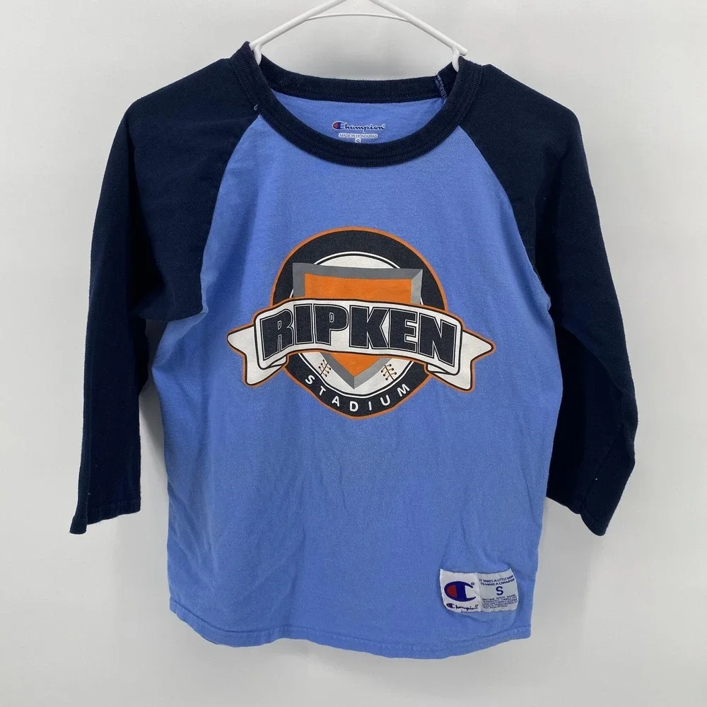 Champion Shirt Boys Small Blue Raglan Ripken Stadium Baseball‎ 3/4 Sleeve Tee